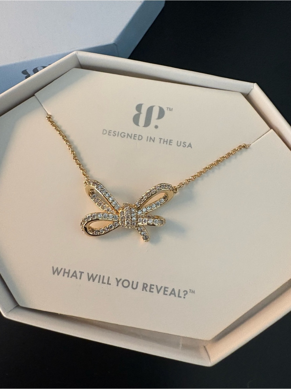 Gold Bow Pendant Necklace with Clear Crystals